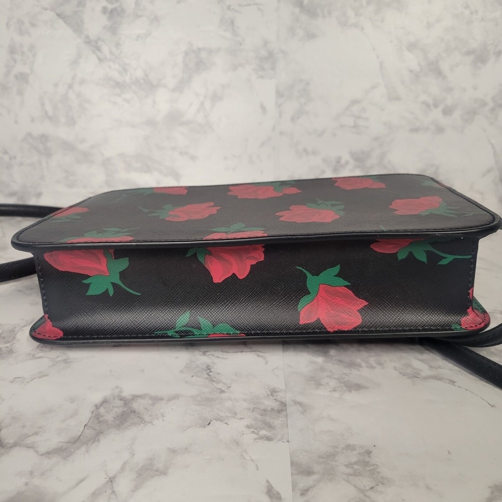 Kate Spade New York Rose Print Saffiano Leather Crossbody Bag Black Red Floral - Picture 7 of 13